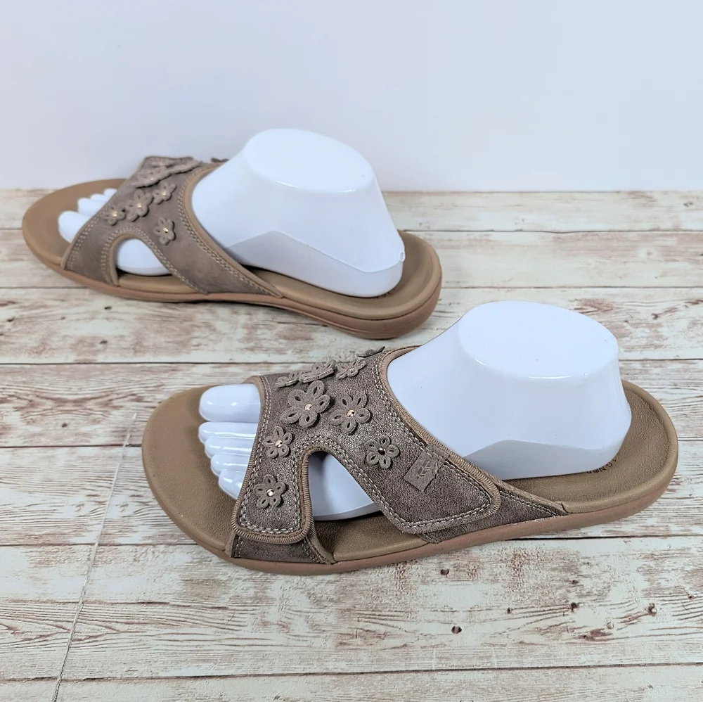 Revitalign Kholo Hampton "Bronze" Tan Velcro Strap Open Toe Slide Sandals 10 - Picture 3 of 13